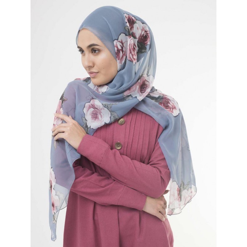 Vintage Anemone Chiffon Hijab (Cerulean Blue)
